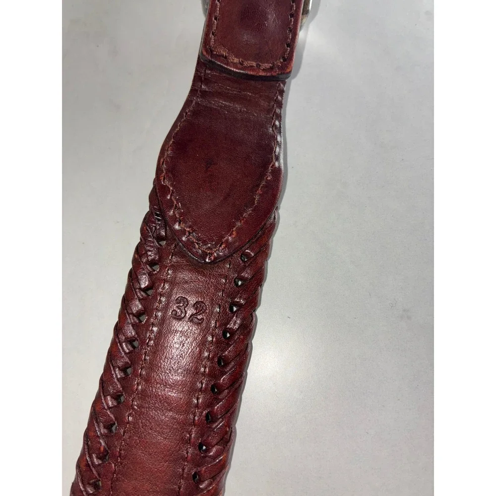 Brown Braided Leather Woven Fabric Inlay Belt - 36 - Western Boho Southwestern